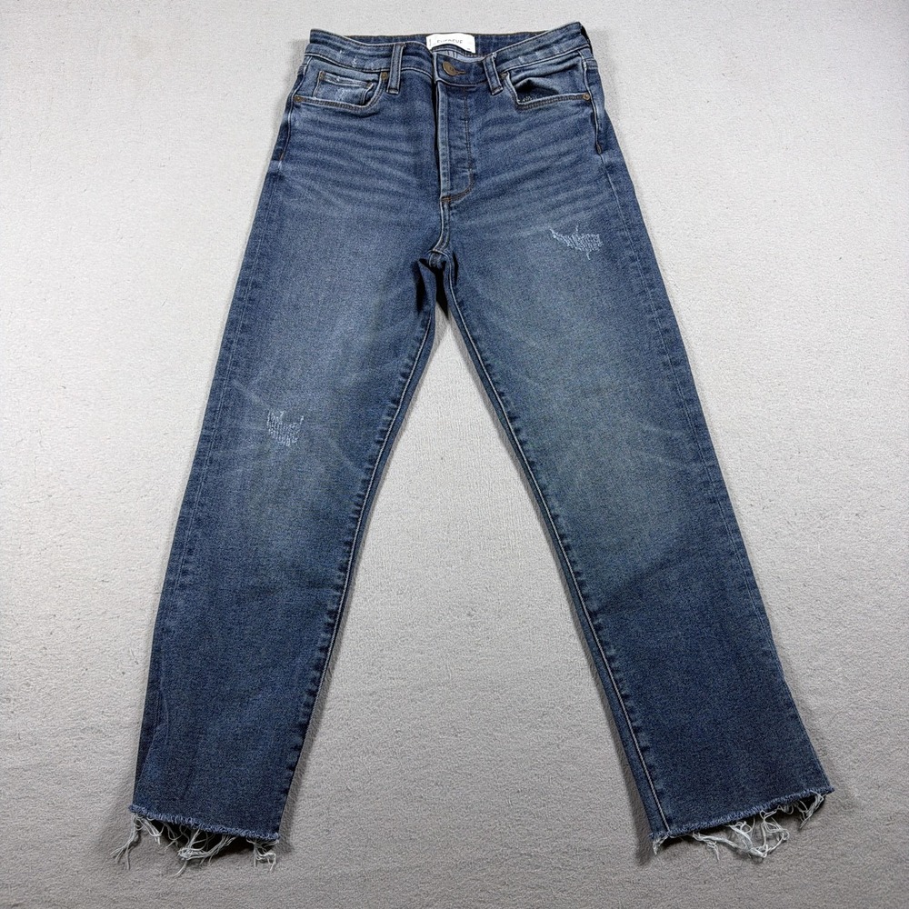 Evereve The Ever Straight Jeans Womens 26 High Rise Distressed Raw Hem Denim